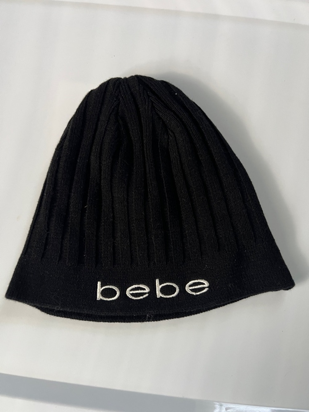 bebe Black Ribbed Knit Beanie with Contrasting Logo